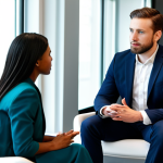 A diverse man and woman, both fully clothed in modest professional attire, deeply engaged in a focused conversation in a modern, quiet office lounge. The woman is attentively listening, her posture open and empathetic, with natural, subtle facial expressions. The man is speaking with earnestness. There are no digital devices or distractions visible. The lighting is soft and inviting, creating a calm atmosphere. safe for work, appropriate content, fully clothed, professional, perfect anatomy, correct proportions, natural pose, well-formed hands, proper finger count, natural body proportions, high-quality professional photography.