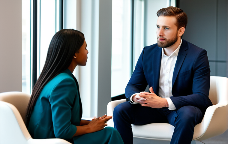 A diverse man and woman, both fully clothed in modest professional attire, deeply engaged in a focused conversation in a modern, quiet office lounge. The woman is attentively listening, her posture open and empathetic, with natural, subtle facial expressions. The man is speaking with earnestness. There are no digital devices or distractions visible. The lighting is soft and inviting, creating a calm atmosphere. safe for work, appropriate content, fully clothed, professional, perfect anatomy, correct proportions, natural pose, well-formed hands, proper finger count, natural body proportions, high-quality professional photography.