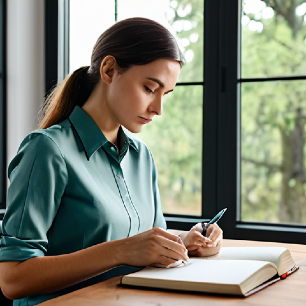 A focused professional woman in a modest business casual top and trousers, fully clothed, deeply engrossed in writing in a leather-bound journal on a clean, minimalist wooden desk. The modern home office is bathed in soft natural daylight from a large window, revealing a subtle, calming view of distant trees. A small, elegant green plant sits beside the journal. The woman's expression is one of deep concentration and calm. Appropriate attire, professional dress, safe for work, appropriate content, family-friendly, perfect anatomy, correct proportions, natural pose, well-formed hands, proper finger count, natural body proportions, professional photography, high quality, soft focus background.