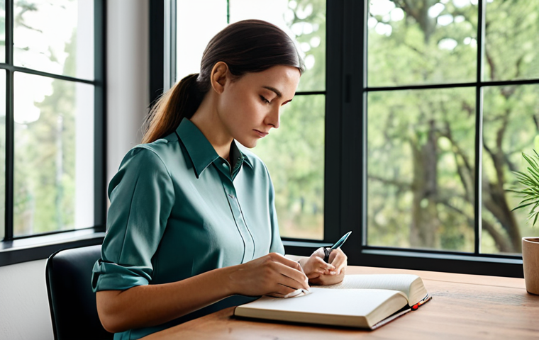 A focused professional woman in a modest business casual top and trousers, fully clothed, deeply engrossed in writing in a leather-bound journal on a clean, minimalist wooden desk. The modern home office is bathed in soft natural daylight from a large window, revealing a subtle, calming view of distant trees. A small, elegant green plant sits beside the journal. The woman's expression is one of deep concentration and calm. Appropriate attire, professional dress, safe for work, appropriate content, family-friendly, perfect anatomy, correct proportions, natural pose, well-formed hands, proper finger count, natural body proportions, professional photography, high quality, soft focus background.
