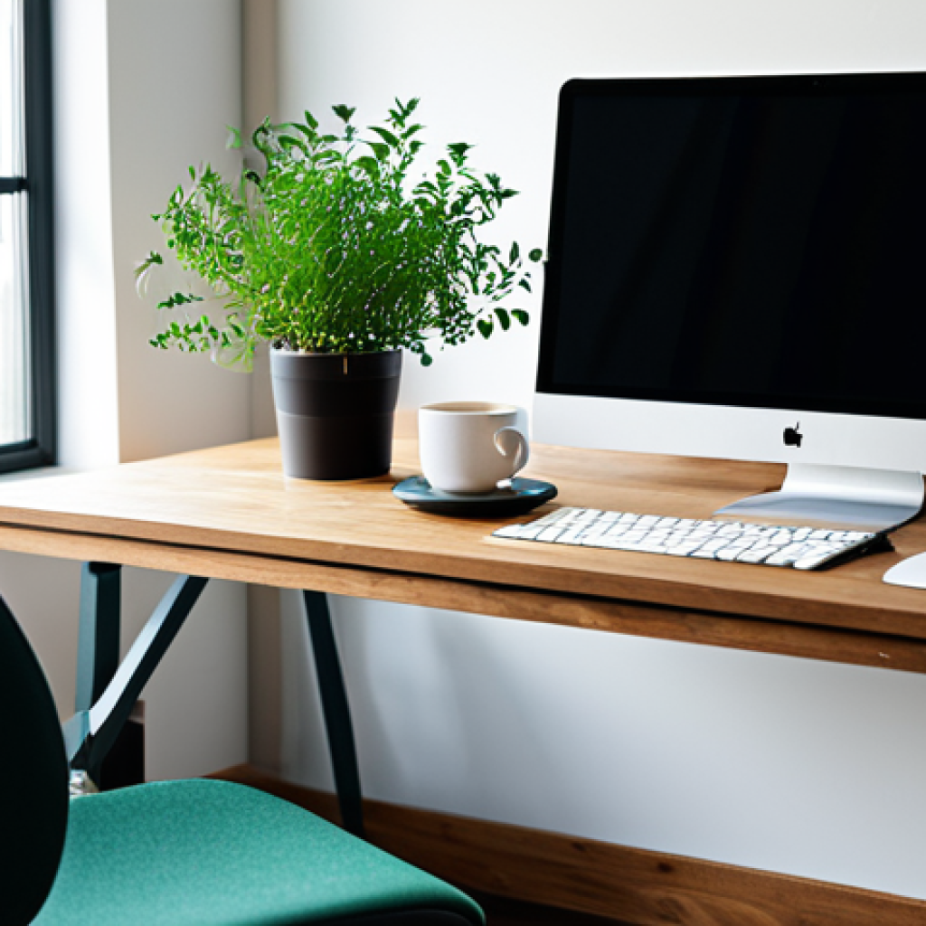 Calm Workspace**

"A clean and organized workspace with a modern desk, a laptop, and a cup of herbal tea. Soft, natural lighting. A small green plant adds a touch of nature. Focus on creating a serene and productive atmosphere. safe for work, appropriate content, fully clothed, professional, modest, family-friendly, perfect anatomy, natural proportions, professional photography, high quality"

**