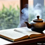 집중력 향상에 좋은 차 종류 - A cozy modern Arabic study room bathed in warm natural light, featuring a traditional teapot steamin...