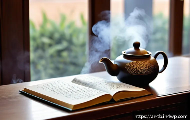 집중력 향상에 좋은 차 종류 - A cozy modern Arabic study room bathed in warm natural light, featuring a traditional teapot steamin...
