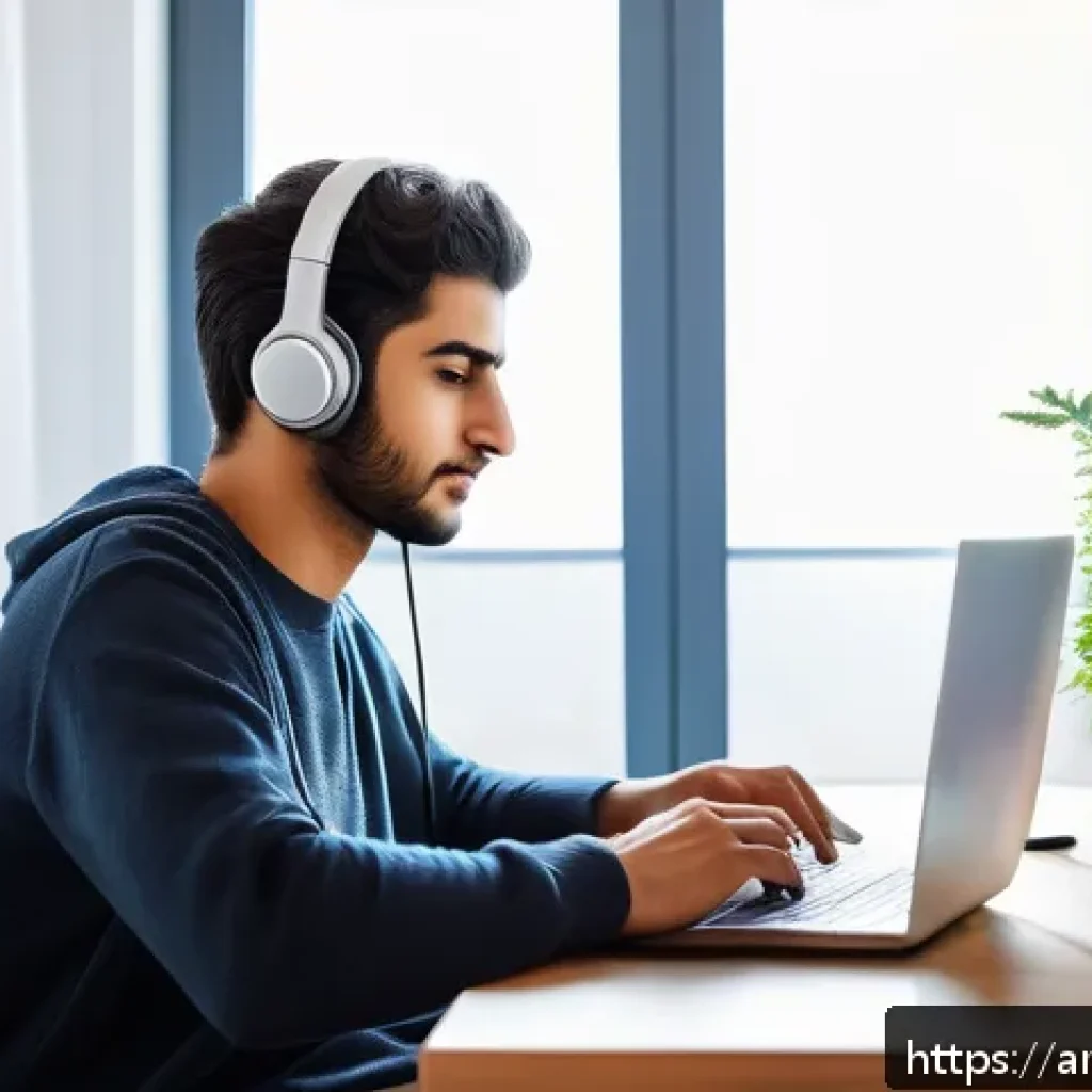 집중력 증진을 위한 심리학적 팁 - A modern Middle Eastern home office scene featuring a young Arab man wearing casual, modest clothing...