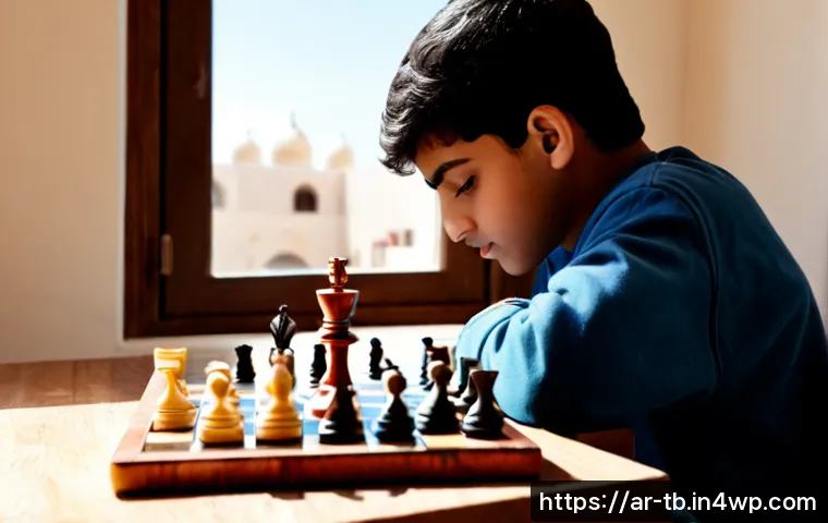 Home 17 집중력을 높이는 데 도움이 되는 게임 - Photorealistic Arab teenage boy in modest casual clothing sitting at a tidy sunlit home desk, deeply...