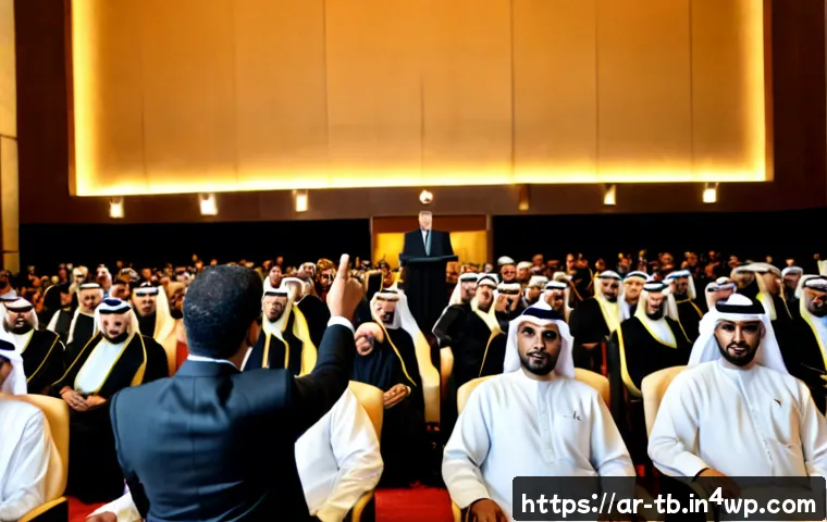 집중력 향상을 위한 영감을 주는 연설 - Photorealistic inspiring public speaker in modest professional attire addressing a focused Arab audi...